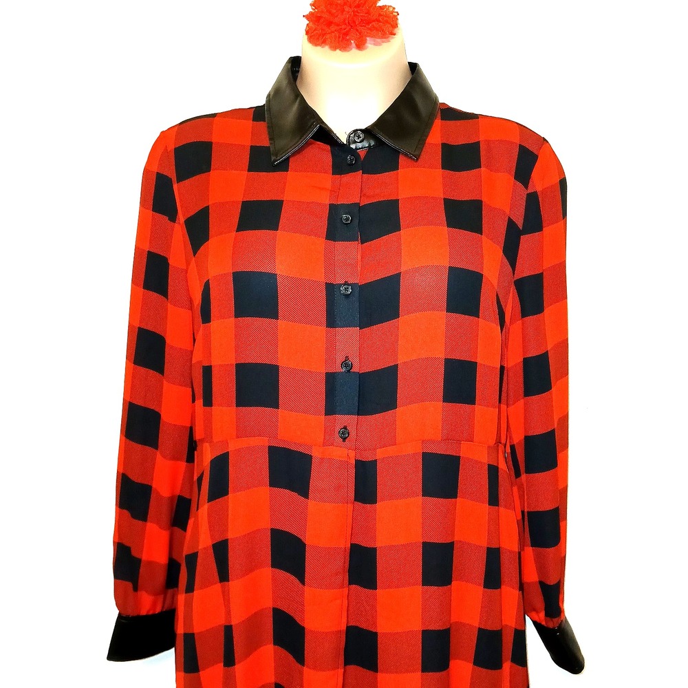 NY&C Women Longline Duster Top XXL Red Buffalo Plaid Checker Faux Leather Trim - Picture 3 of 10